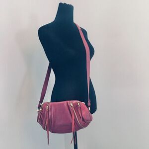 BOTKIER Red Leather Fringed Multiple Gold Zipper Moto Medium Size Crossbody Bag